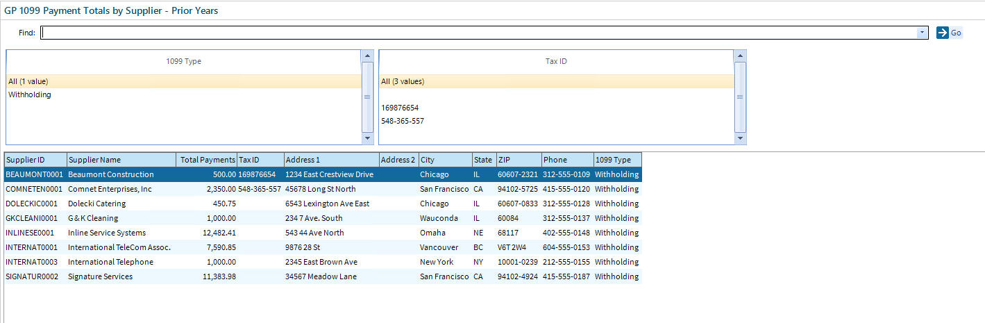 1099 payment totals by supplier