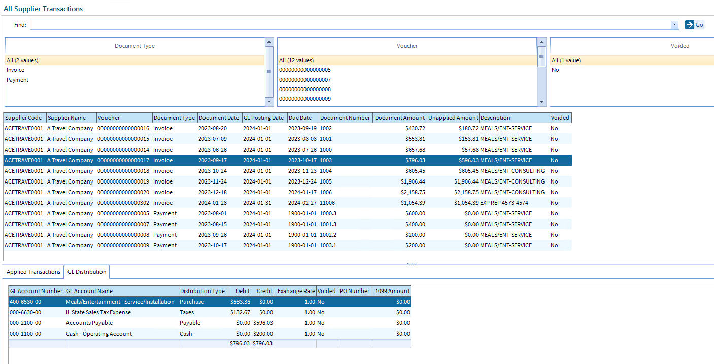 Supplier transactions with applied transactions and GL distribution